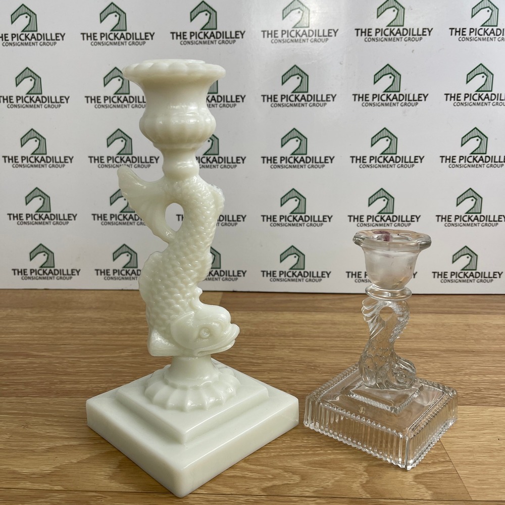 Vintage Milk Glass and Clear Glass Dolphin Koi Fish Candlestick Holders Set 2